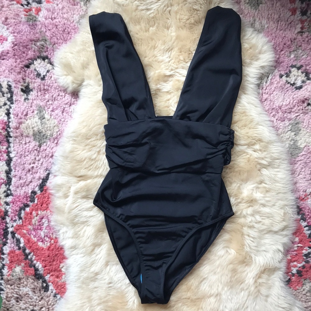 ASOS Gathered Waist Band Plunge V Neck Swimsuit - Picture 7 of 8